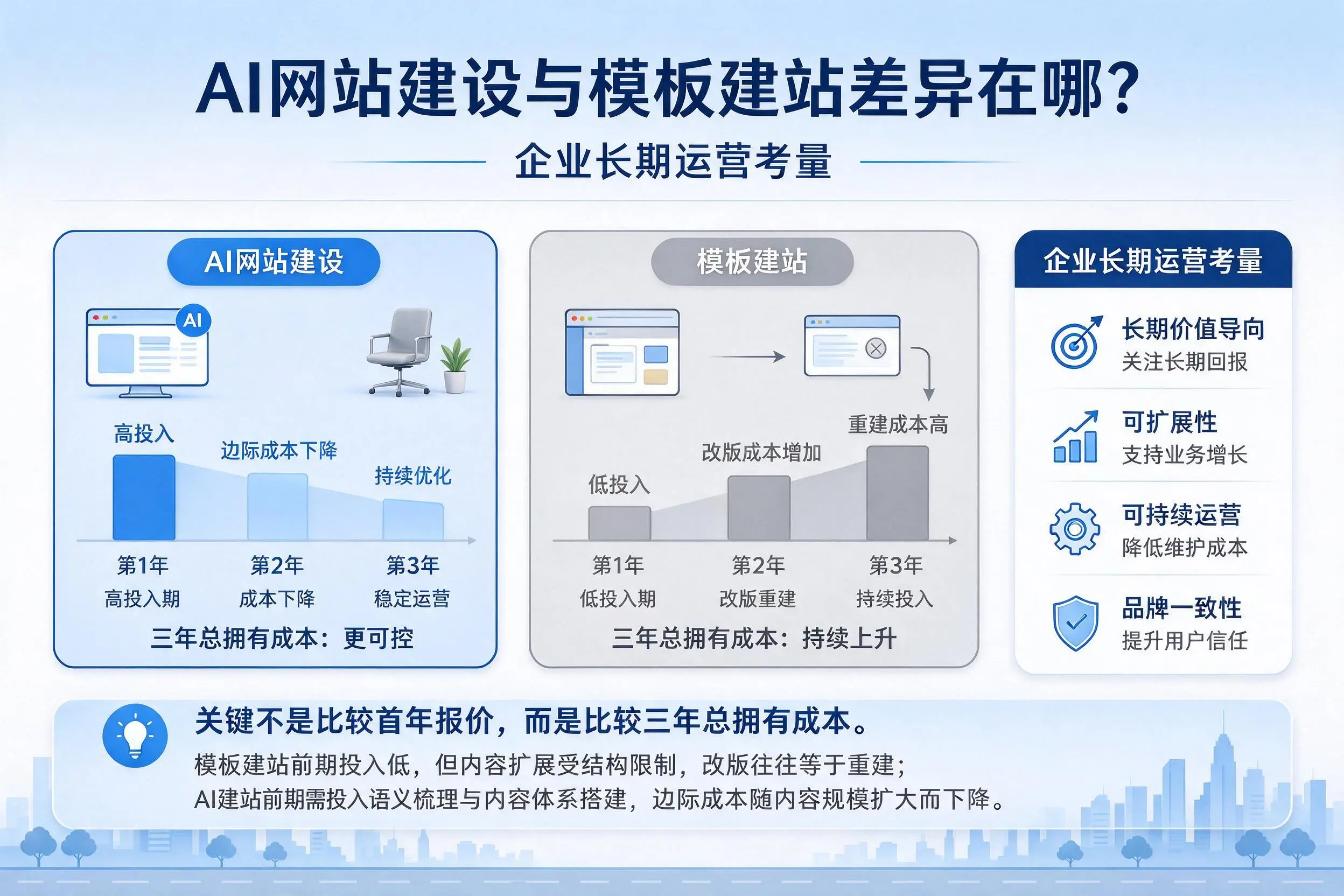 AI网站建设与模板建站差异在哪？白银企业长期运营考量