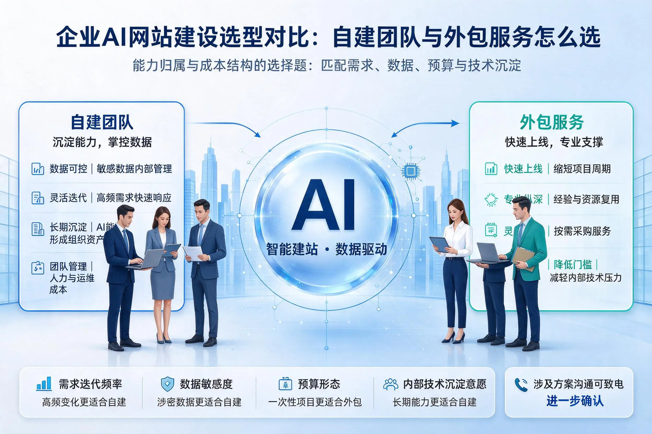 白银企业AI网站建设选型对比:自建团队与外包服务怎么选